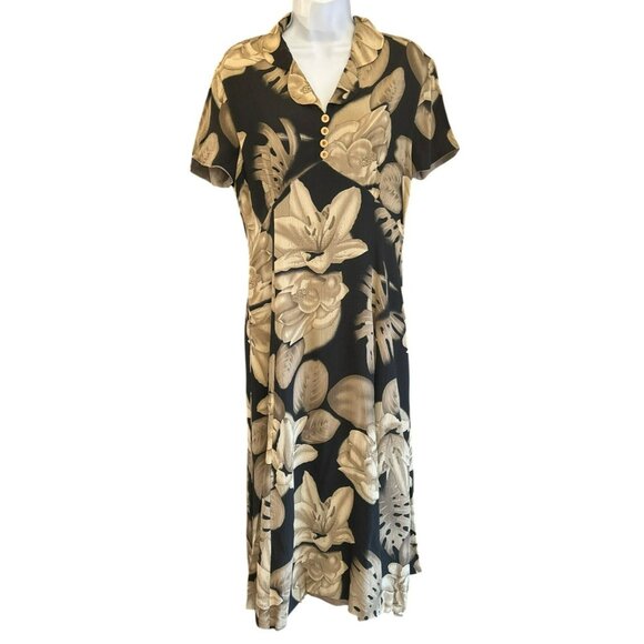 Design by Pat Argenti Black Beige Tropical Floral Baby Doll 100% Silk Dress Sz 8 - Picture 1 of 8